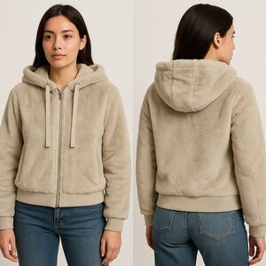 Tahari .Beige Faux Fur Hoodie Zip Jacket two sides zip pokets sz XS